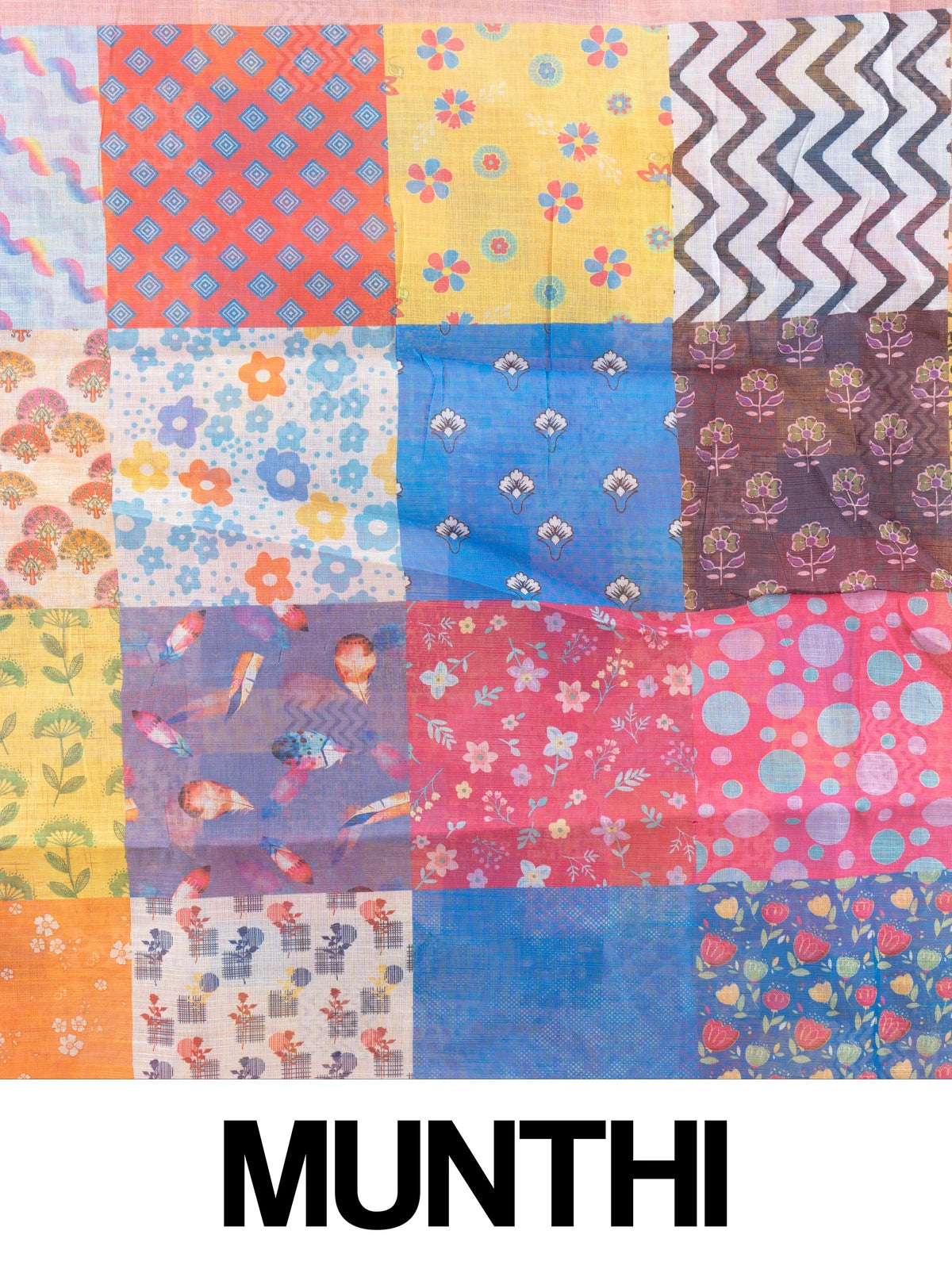Peach linen cotton saree with multicolour patchwork printed pallu and border