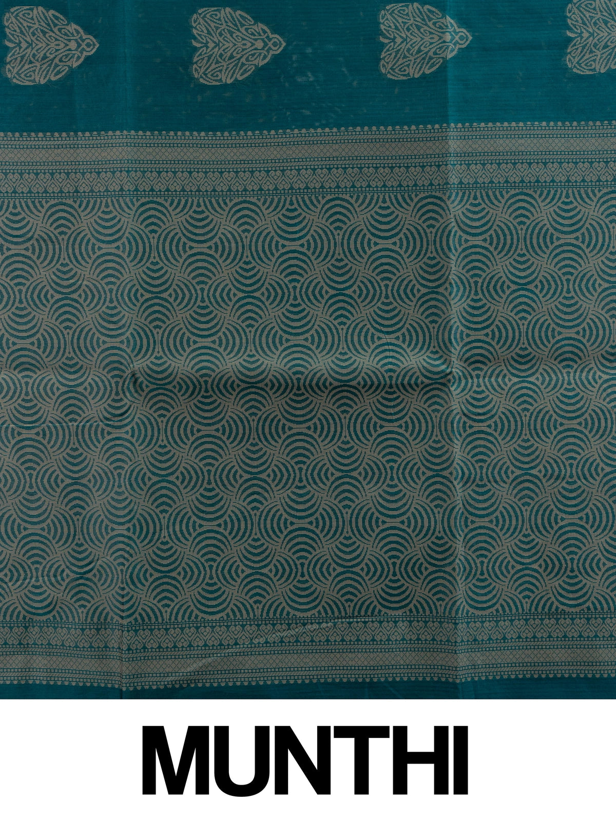 Peacock teal blue silk cotton saree with beige woven buta motifs and patterned pallu