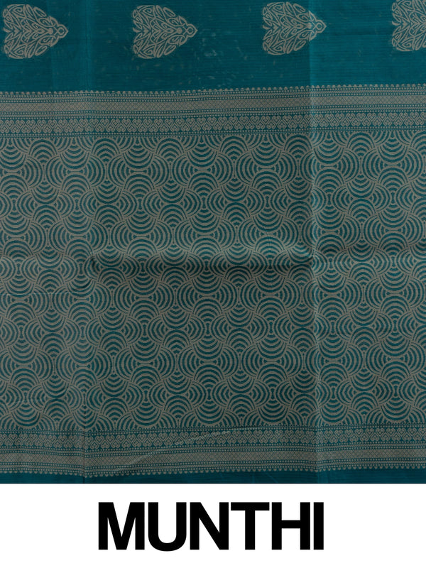 Peacock teal blue silk cotton saree with beige woven buta motifs and patterned pallu