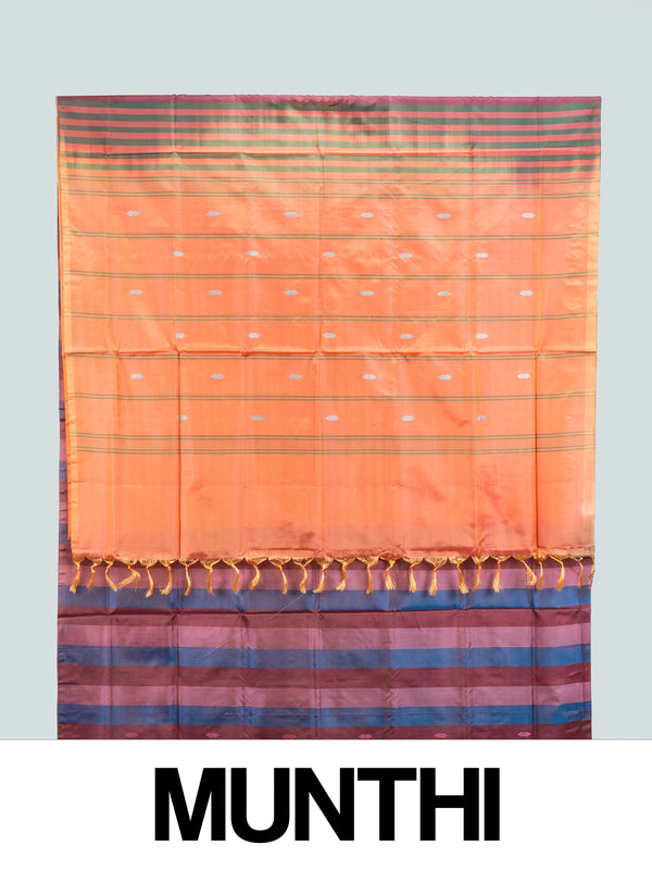 Multicolour checked banana silk saree with contrast orange striped pallu and buti motifs