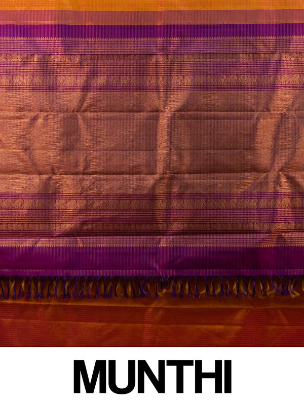 Orange and purple pure Kanchipuram silk saree with gold zari border and traditional motif pallu