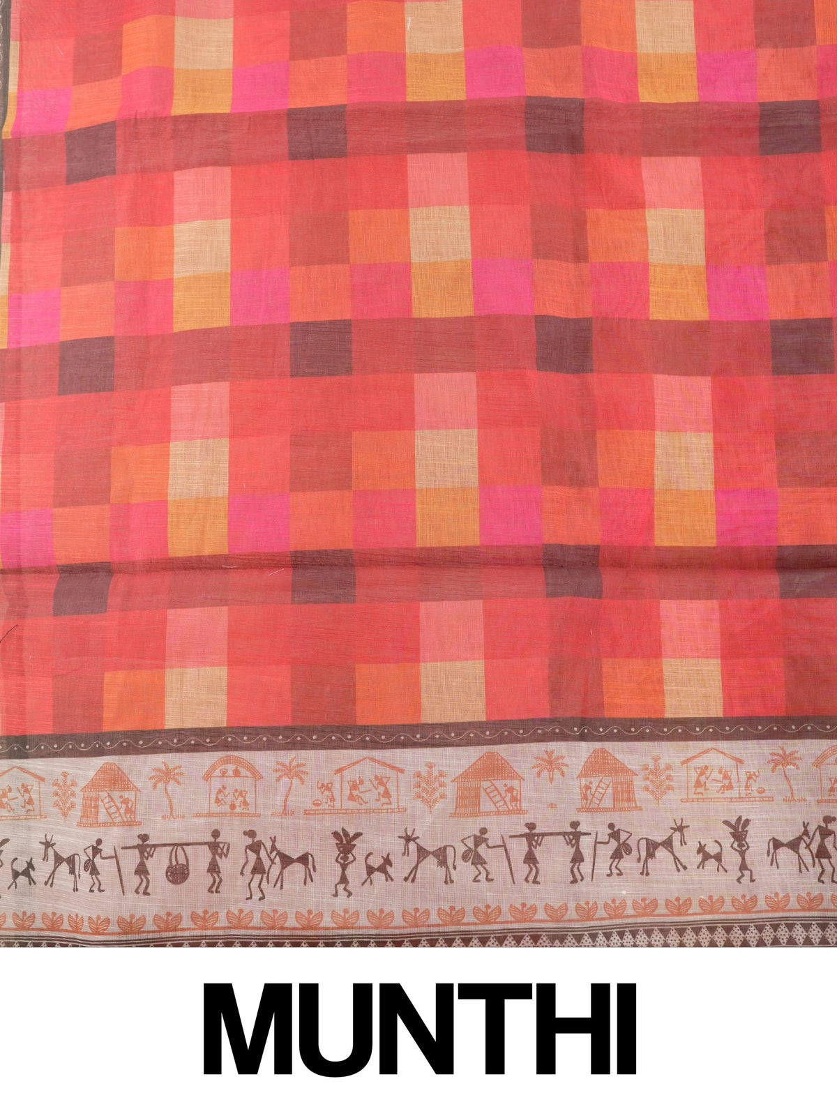 Red and cream multicolour checked linen cotton saree with Warli-print border and pallu