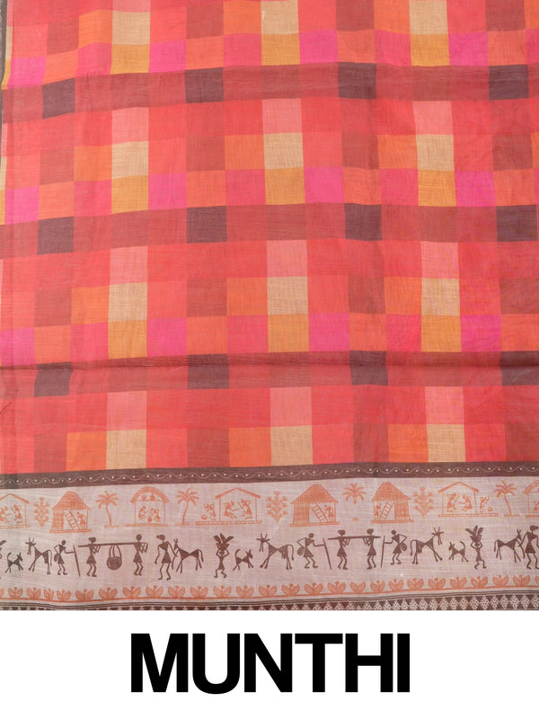 Red and cream multicolour checked linen cotton saree with Warli-print border and pallu