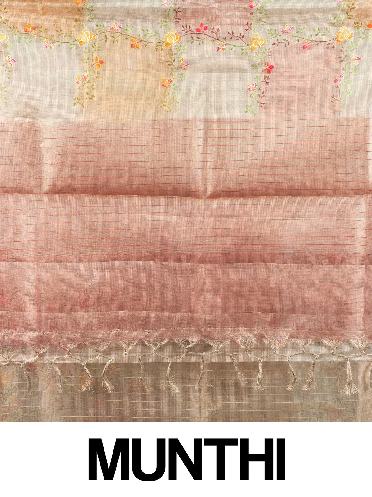 Beige and pink semi raw silk saree with multicolour floral embroidery and contrast zari border