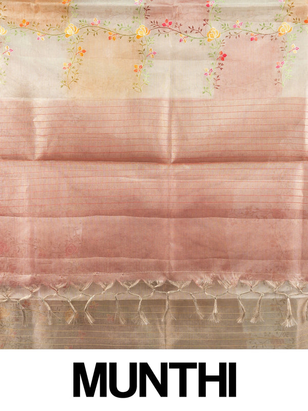 Beige and pink semi raw silk saree with multicolour floral embroidery and contrast zari border