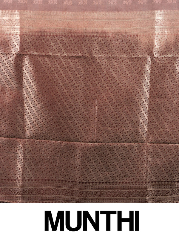 Mauve-brown semi silk saree with copper zari border and woven pallu