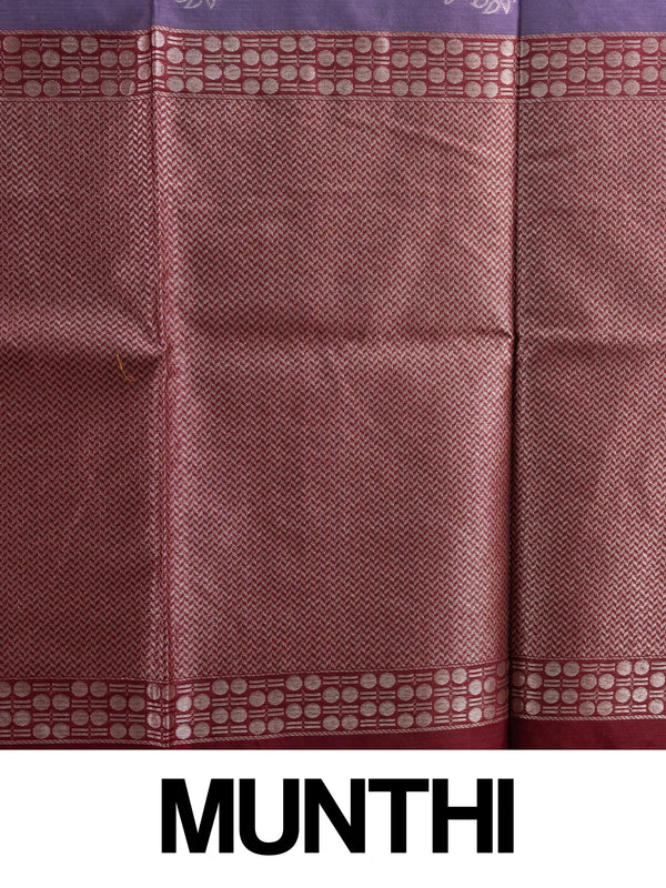 Dusty purple silk cotton saree with silver zari buttas and contrast maroon zari border and pallu