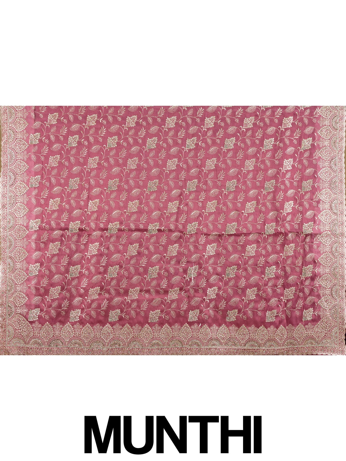 Mauve pink organza designer saree with gold floral zari embroidery and scalloped border