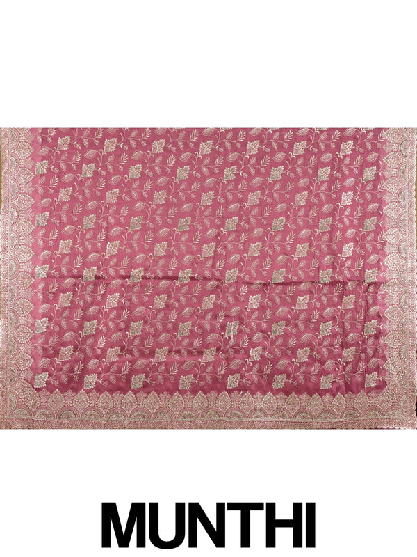 Mauve pink organza designer saree with gold floral zari embroidery and scalloped border