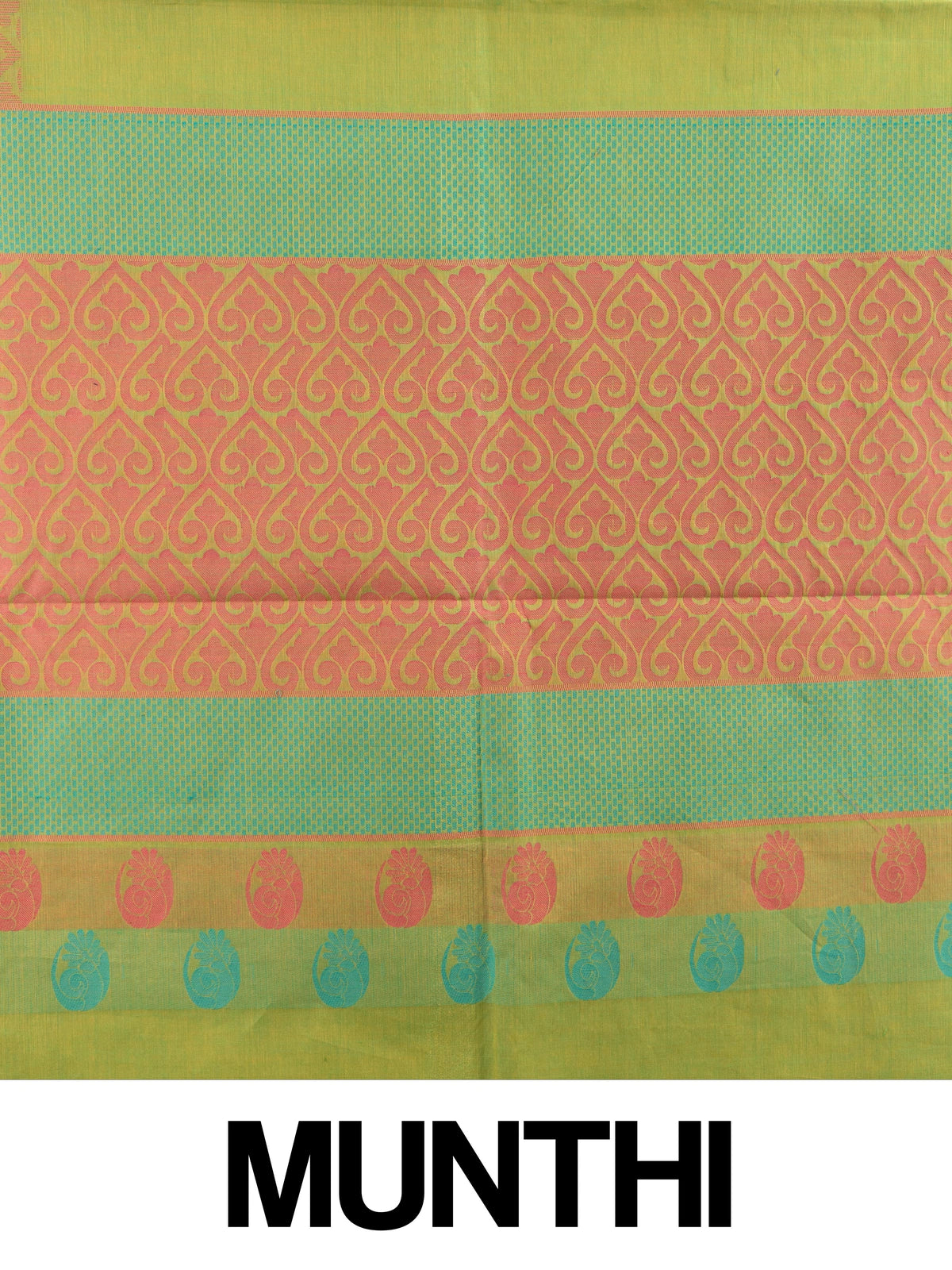 Parrot green silk cotton saree with coral pink contrast border, gold zari motifs, and woven paisley pallu