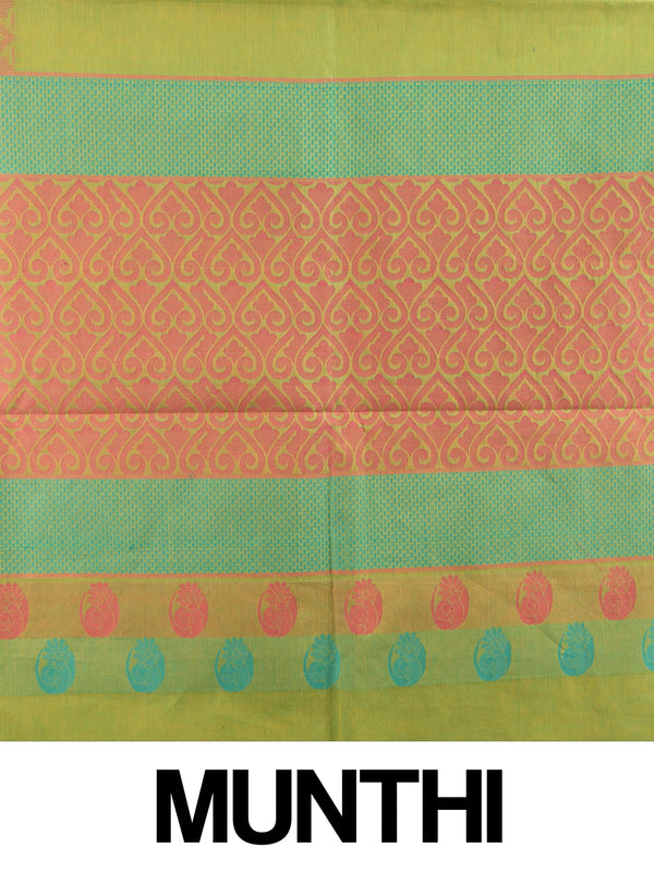 Parrot green silk cotton saree with coral pink contrast border, gold zari motifs, and woven paisley pallu