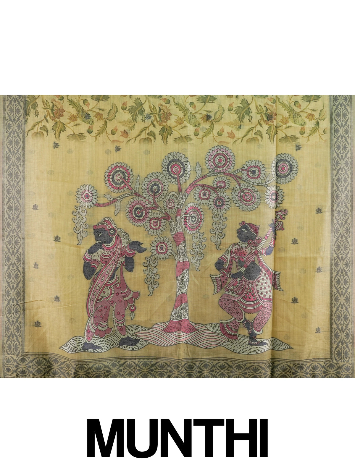 Beige linen cotton saree with floral print, grey-green border and Kalamkari-style Radha-Krishna pallu