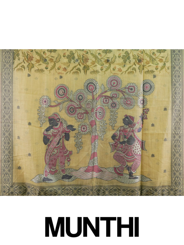 Beige linen cotton saree with floral print, grey-green border and Kalamkari-style Radha-Krishna pallu