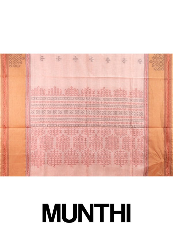 Pale pink and rust semi raw silk saree with kolam motifs and contrast patterned border