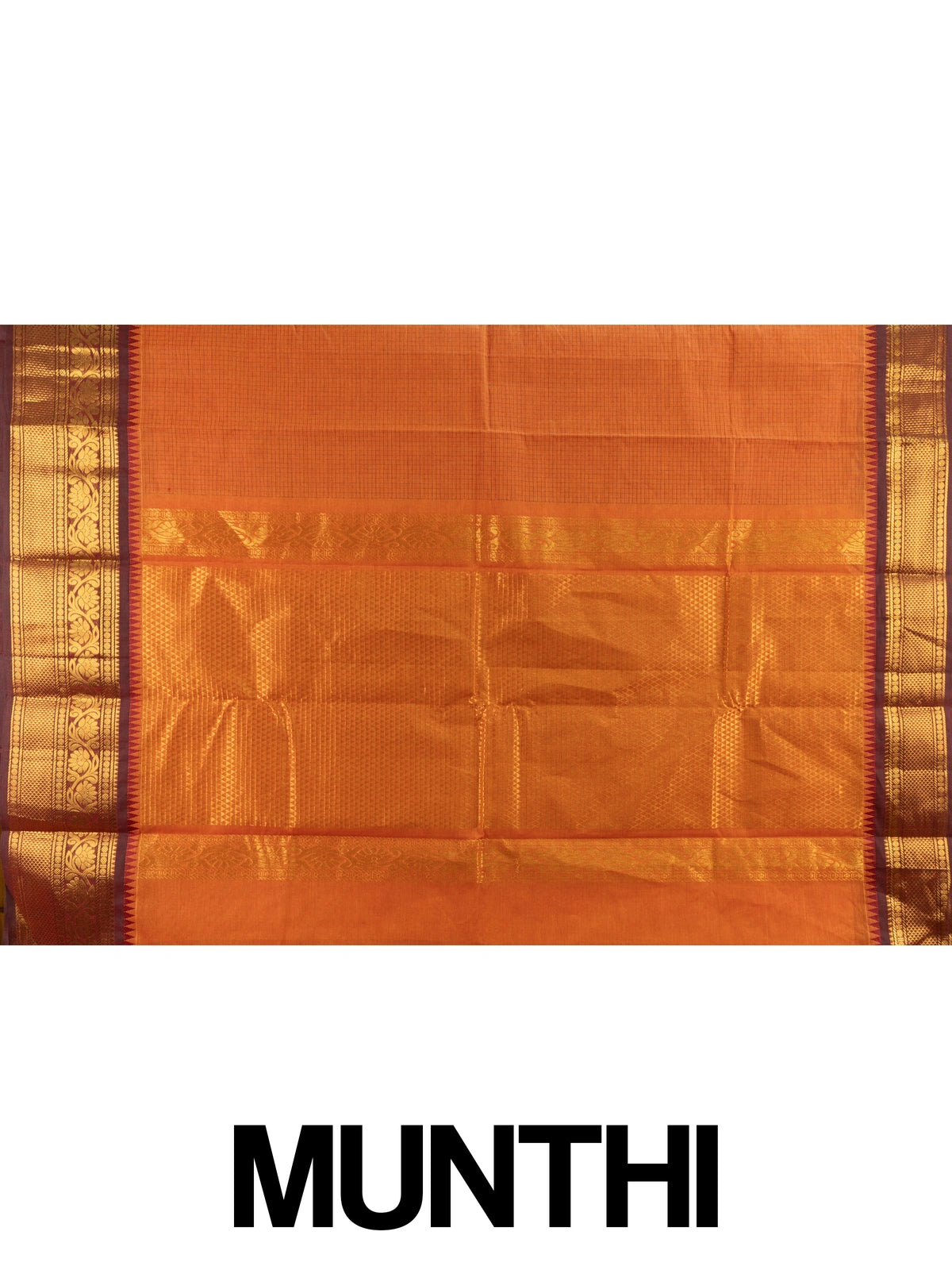 Orange Chettinad cotton saree with fine checks and contrast maroon gold zari border