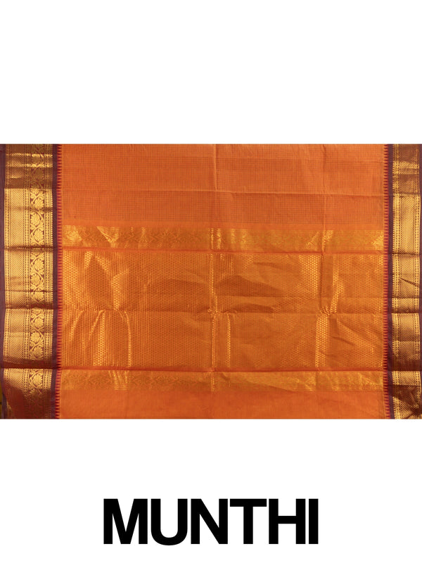 Orange Chettinad cotton saree with fine checks and contrast maroon gold zari border
