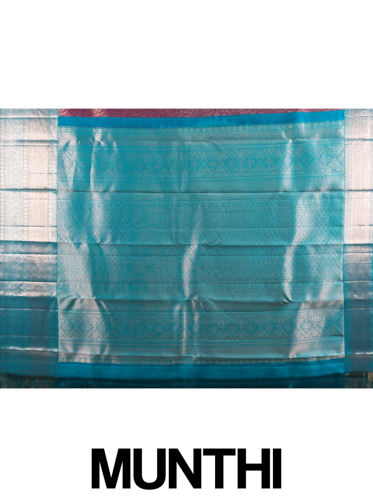 Purple pure Kanchipuram silk saree with silver zari floral weaving and contrast teal blue border and pallu