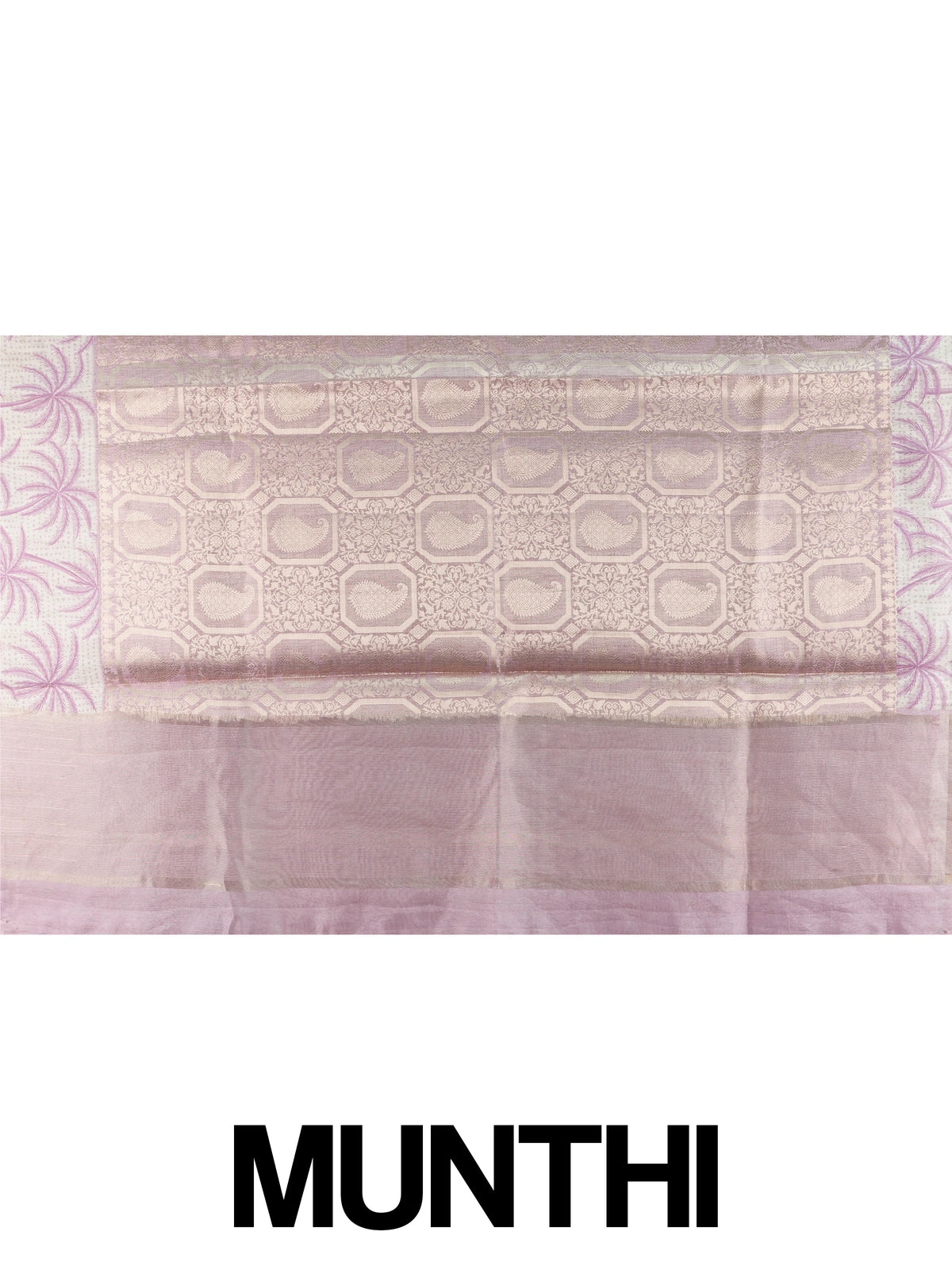 Mauve designer tissue saree with gold zari paisley weave and palm-tree print border