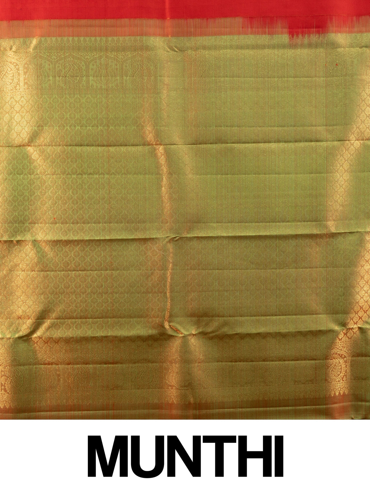 Red pure Kanchipuram silk saree with contrast green and gold zari border and paisley motifs