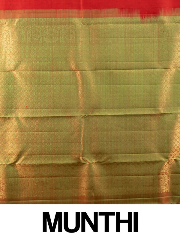 Red pure Kanchipuram silk saree with contrast green and gold zari border and paisley motifs