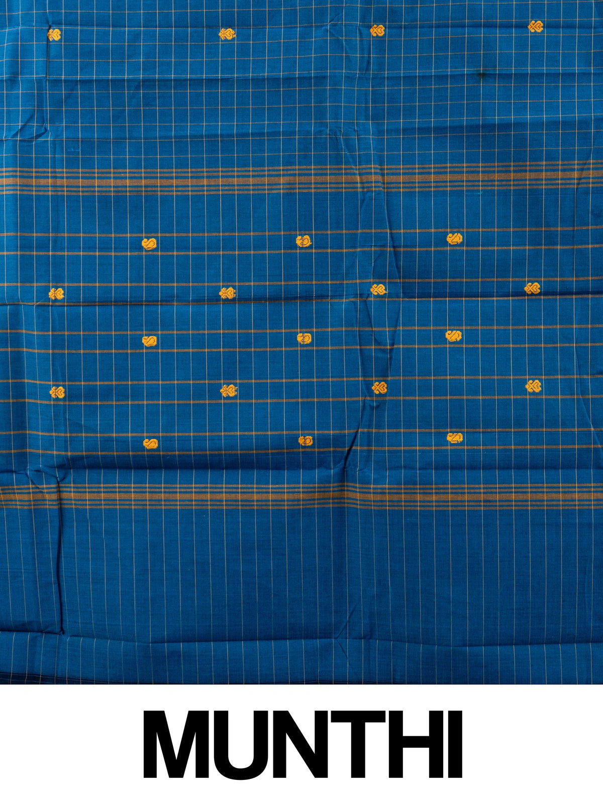 Peacock blue Chettinad cotton saree with gold checks, mustard butta motifs and contrast purple gold zari border