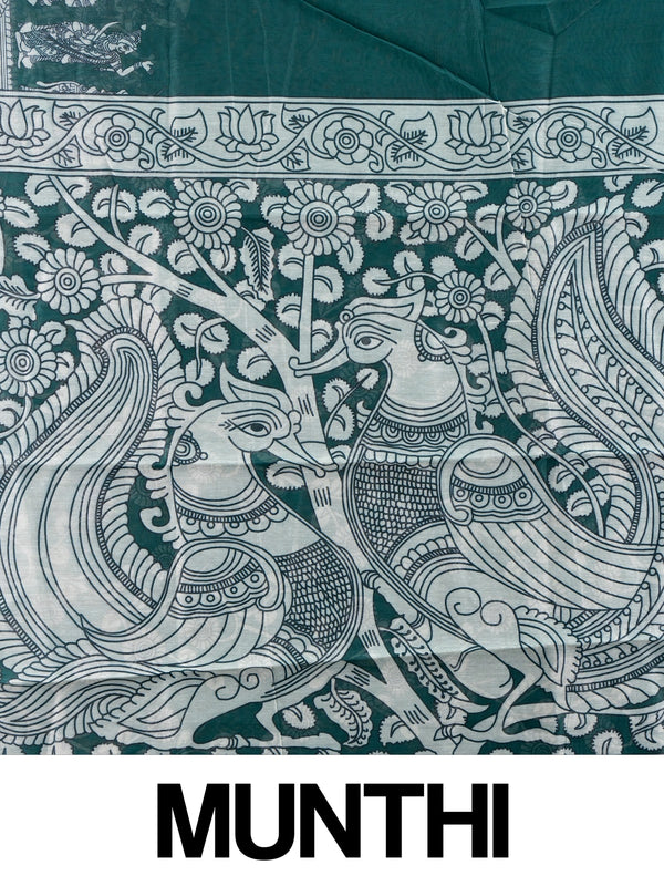 Teal green linen cotton saree with white kalamkari peacock and floral pallu and gold zari border
