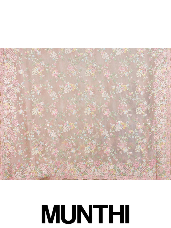 Soft pink net designer saree with pastel multicolour floral embroidery and scalloped border