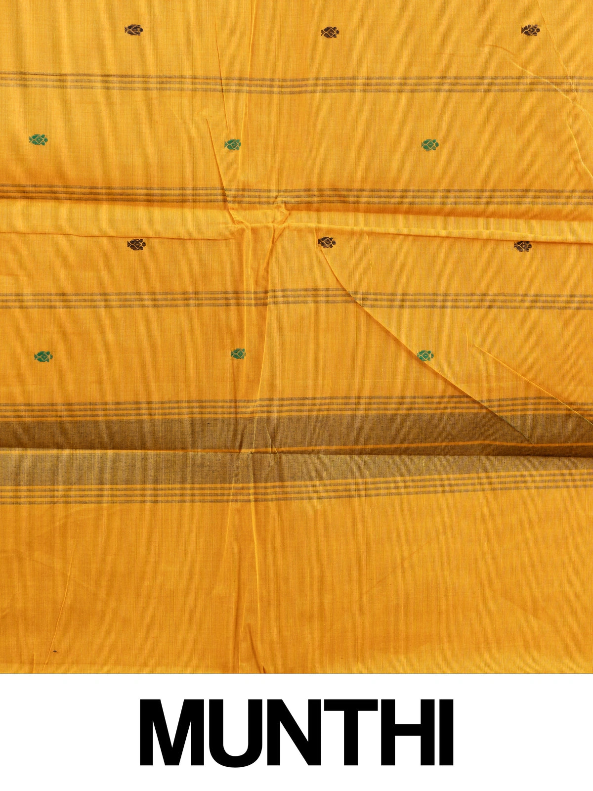 Mustard yellow Chettinad cotton saree with green contrast border, gold zari peacock motifs and woven buttis