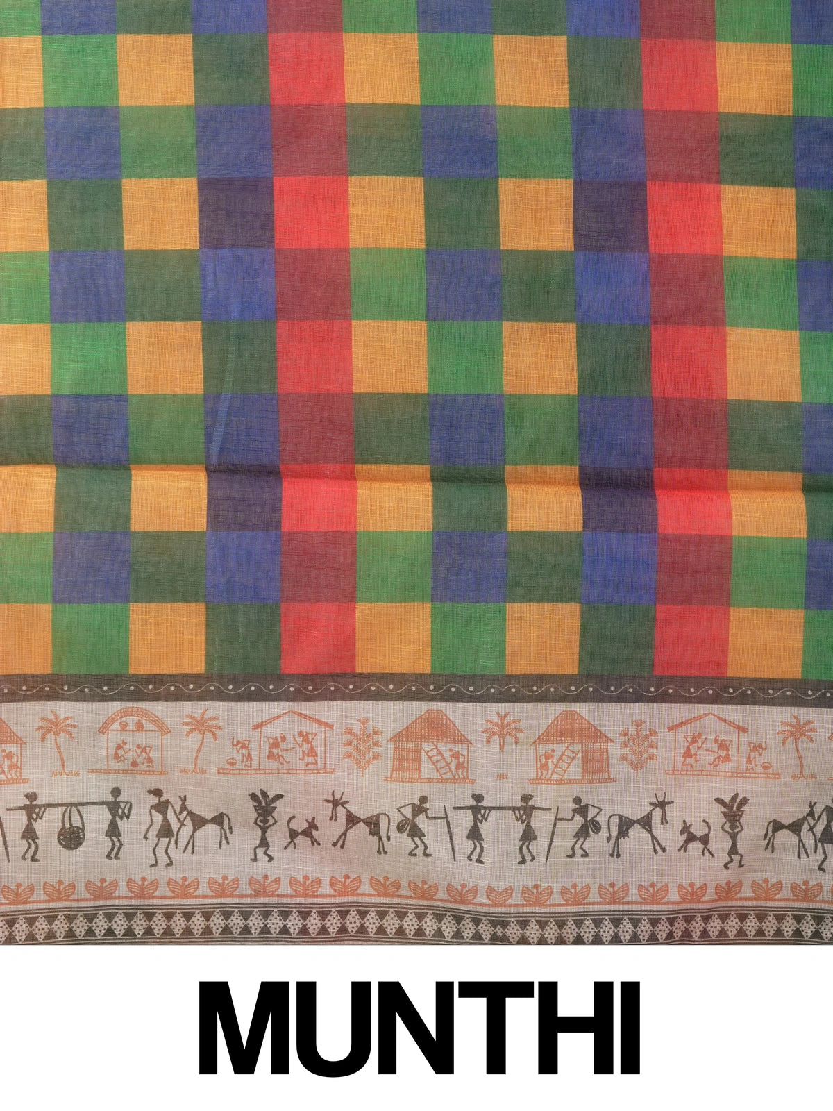 Multicolour checked linen cotton saree with cream Warli tribal-print border and contrast yellow blouse
