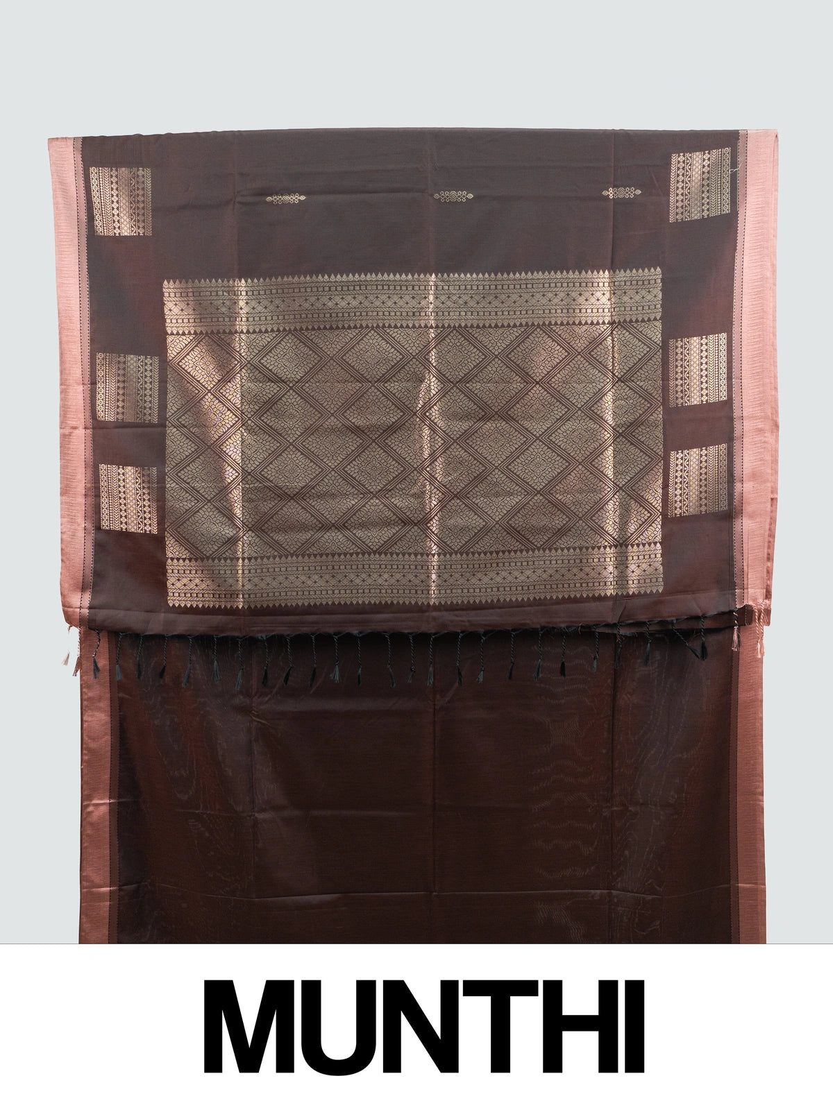 Dark brown Kanchipuram Fancy Silk saree with dusty rose contrast zari border and diamond-lattice zari pallu