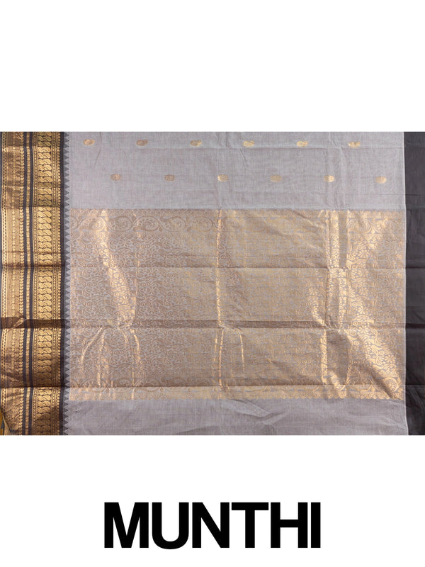 Grey Chettinad cotton saree with black contrast border and gold zari paisley buttas