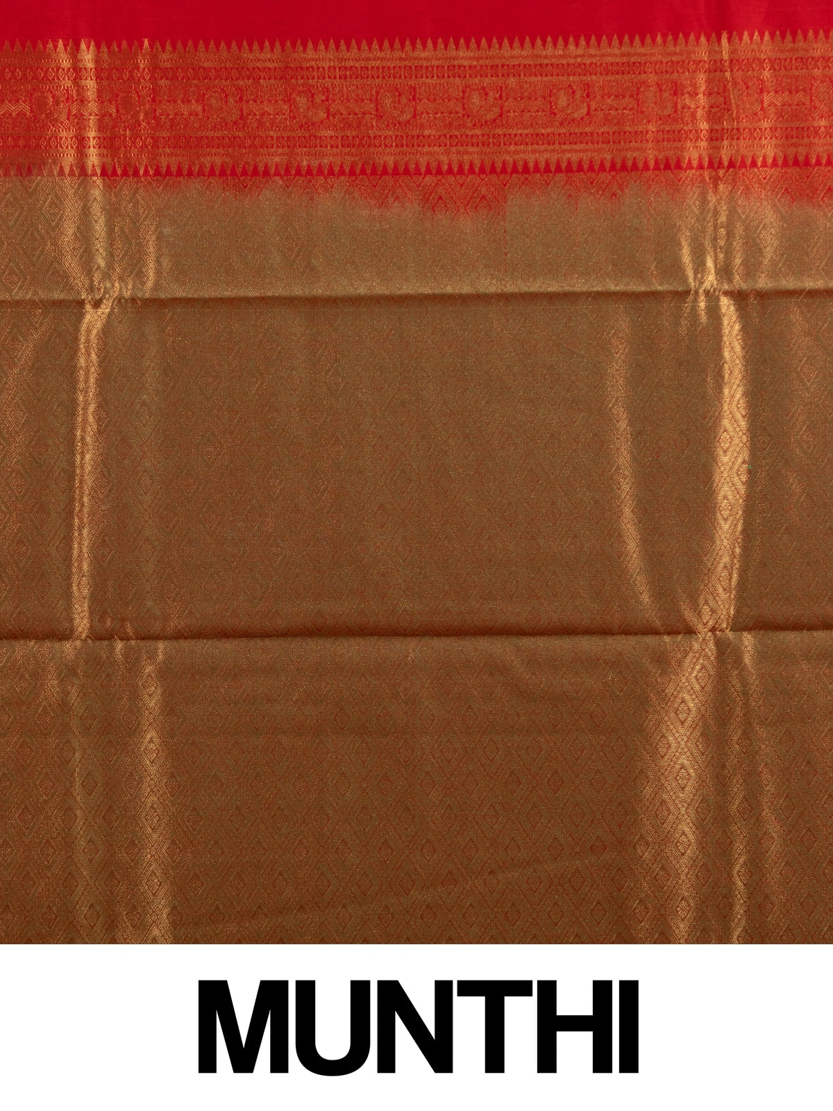 Red pure silk cotton saree with gold zari border, temple pallu, and woven buttas