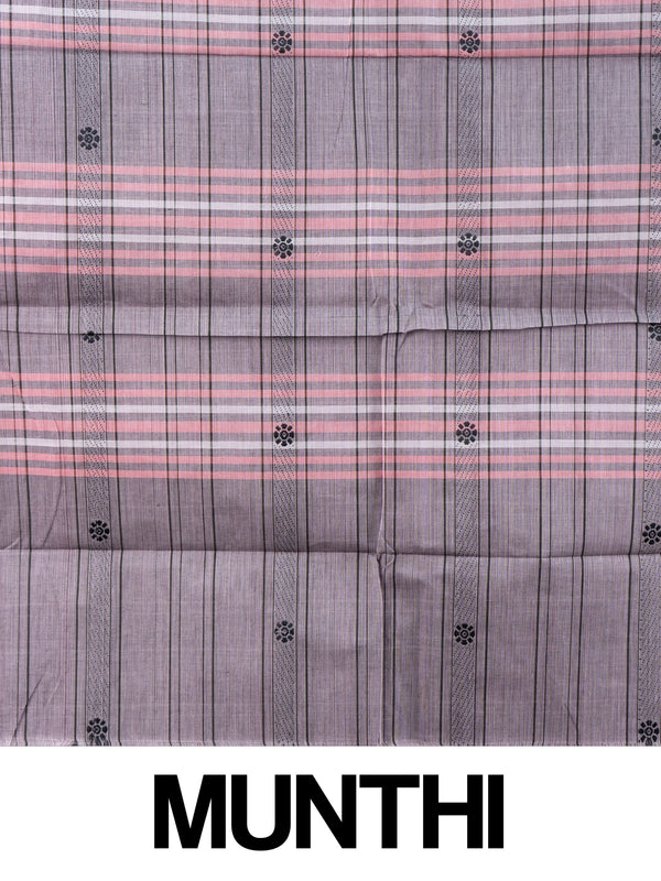 Mauve and pink checked Chettinad cotton saree with dark green gold zari peacock border