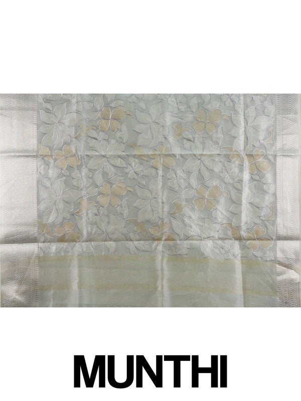 Pastel grey-green organza designer saree with floral embroidery and silver zari border