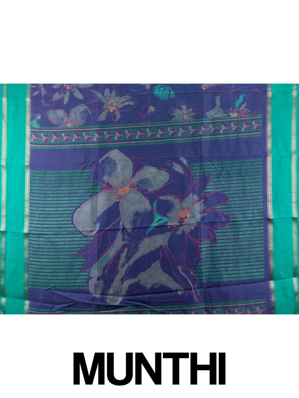 Navy-blue Dola silk saree with floral print and contrast teal-green zari border