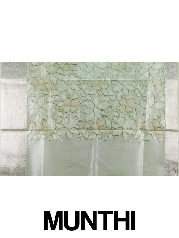 Sage green designer saree with cream-gold floral embroidery and silver zari border