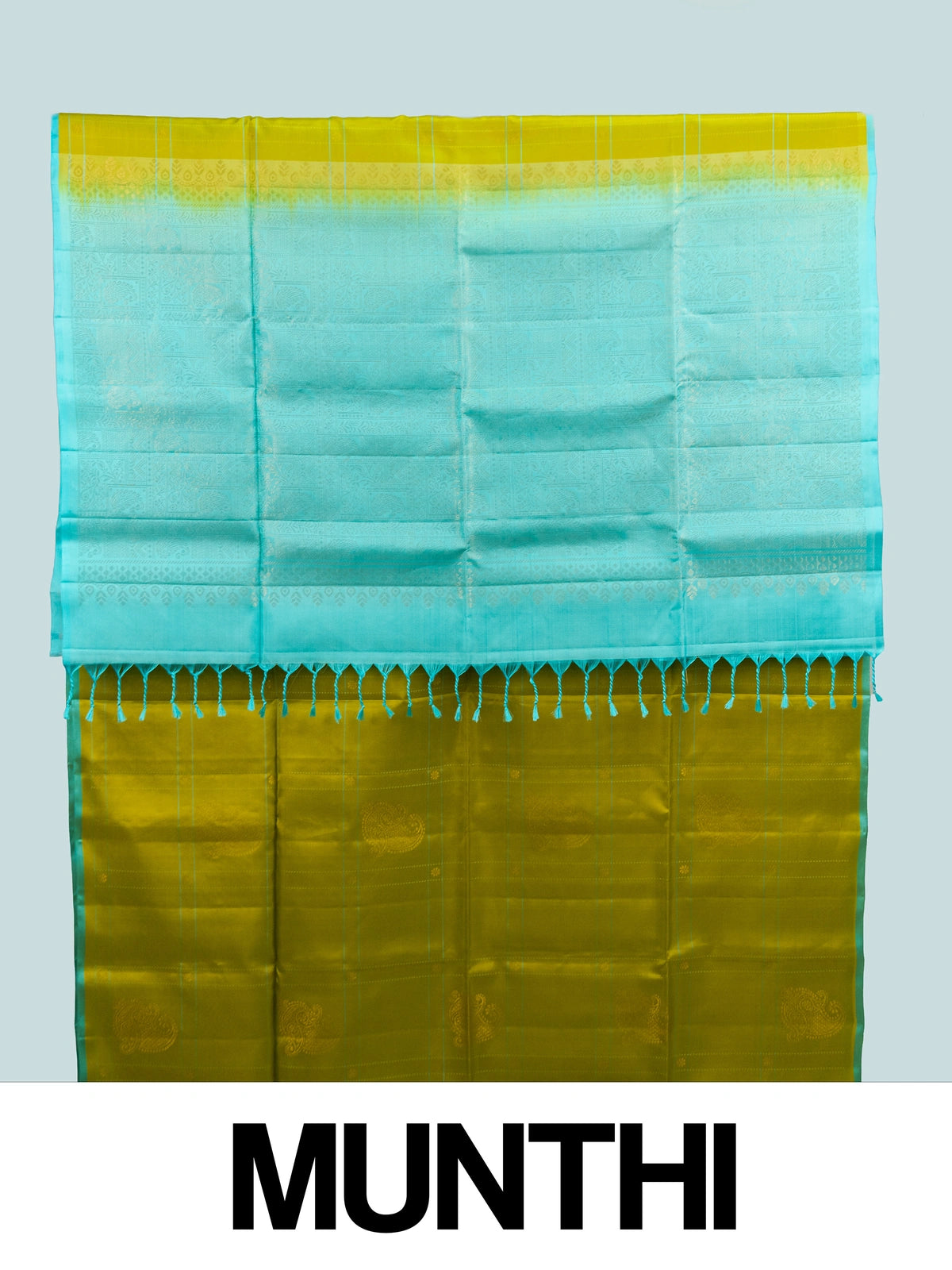 Mehendi green Kanchipuram Pure Mix saree with turquoise blue contrast border and gold zari buttas