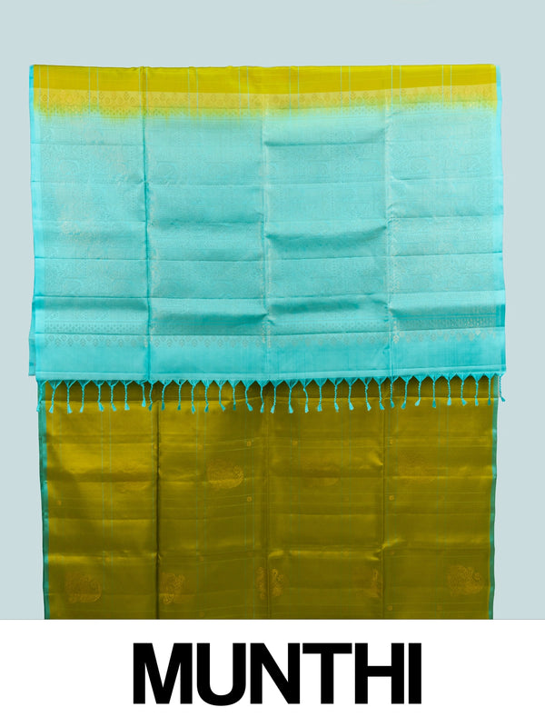 Mehendi green Kanchipuram Pure Mix saree with turquoise blue contrast border and gold zari buttas
