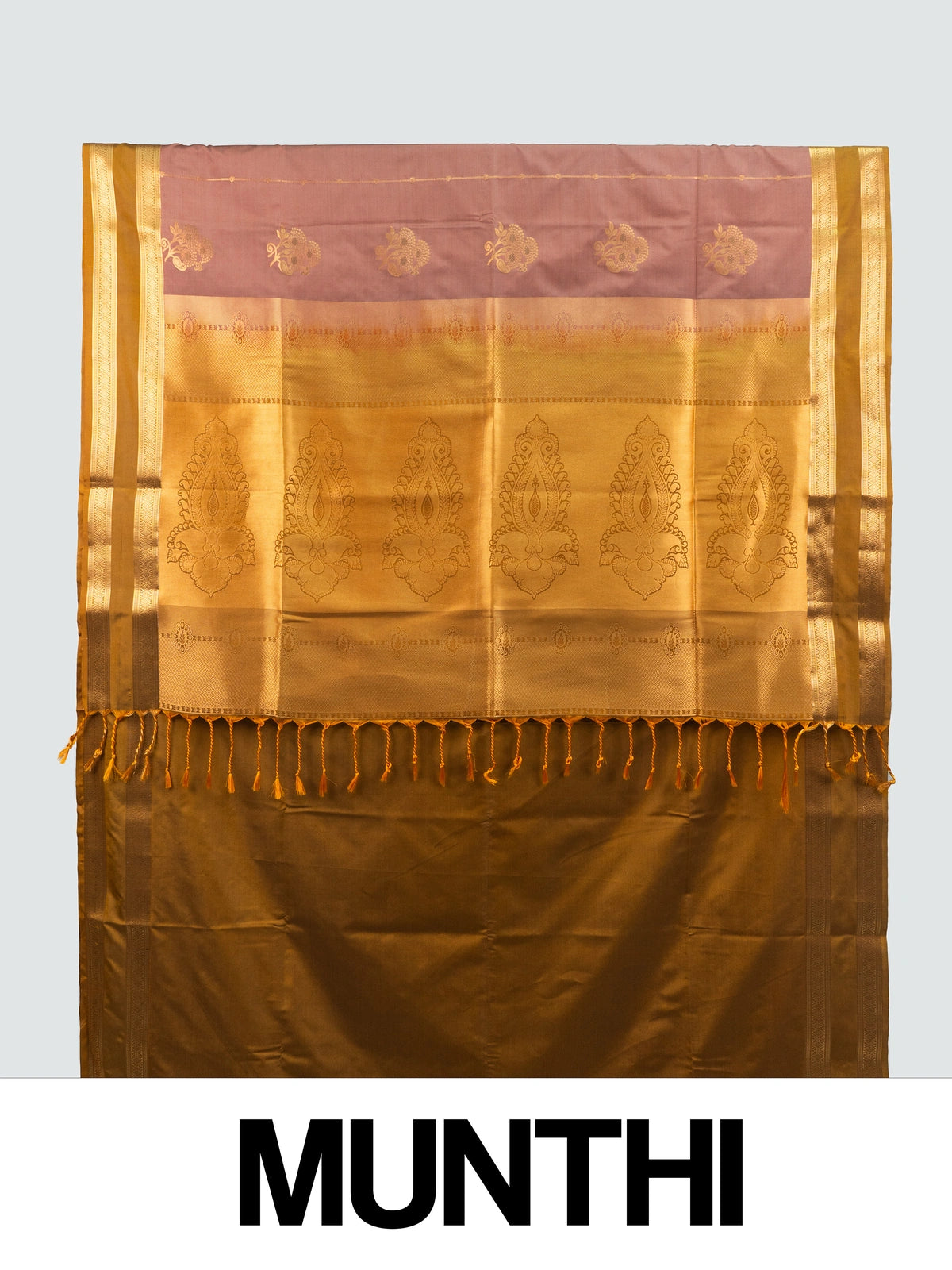Dusty rose-brown semi silk saree with mustard-gold zari border and paisley pallu