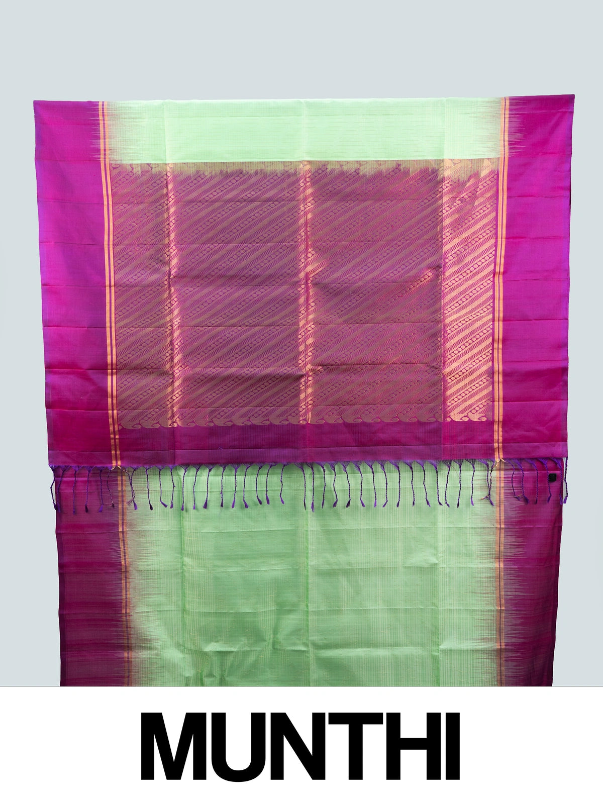 Parrot green soft silk saree with contrast magenta zari border and pallu
