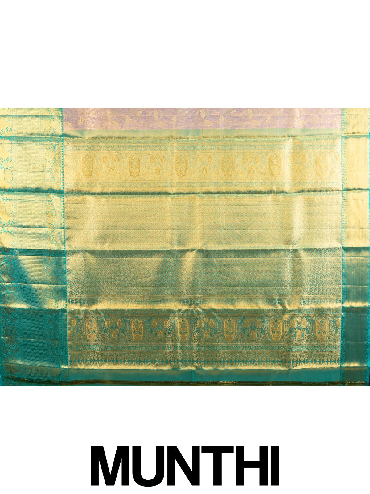 Lavender pure Kanchipuram silk saree with gold zari floral brocade and contrast teal-green gold border