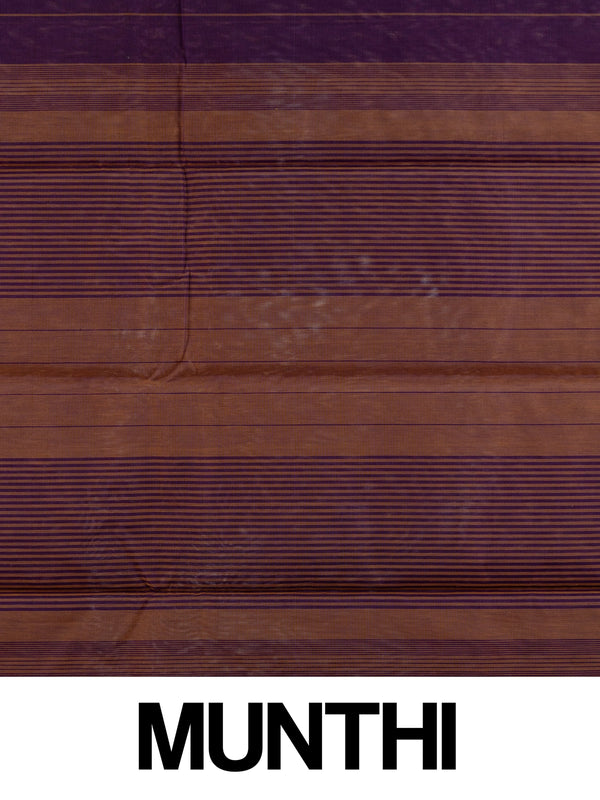 Purple silk cotton saree with gold stripes and mustard striped pallu