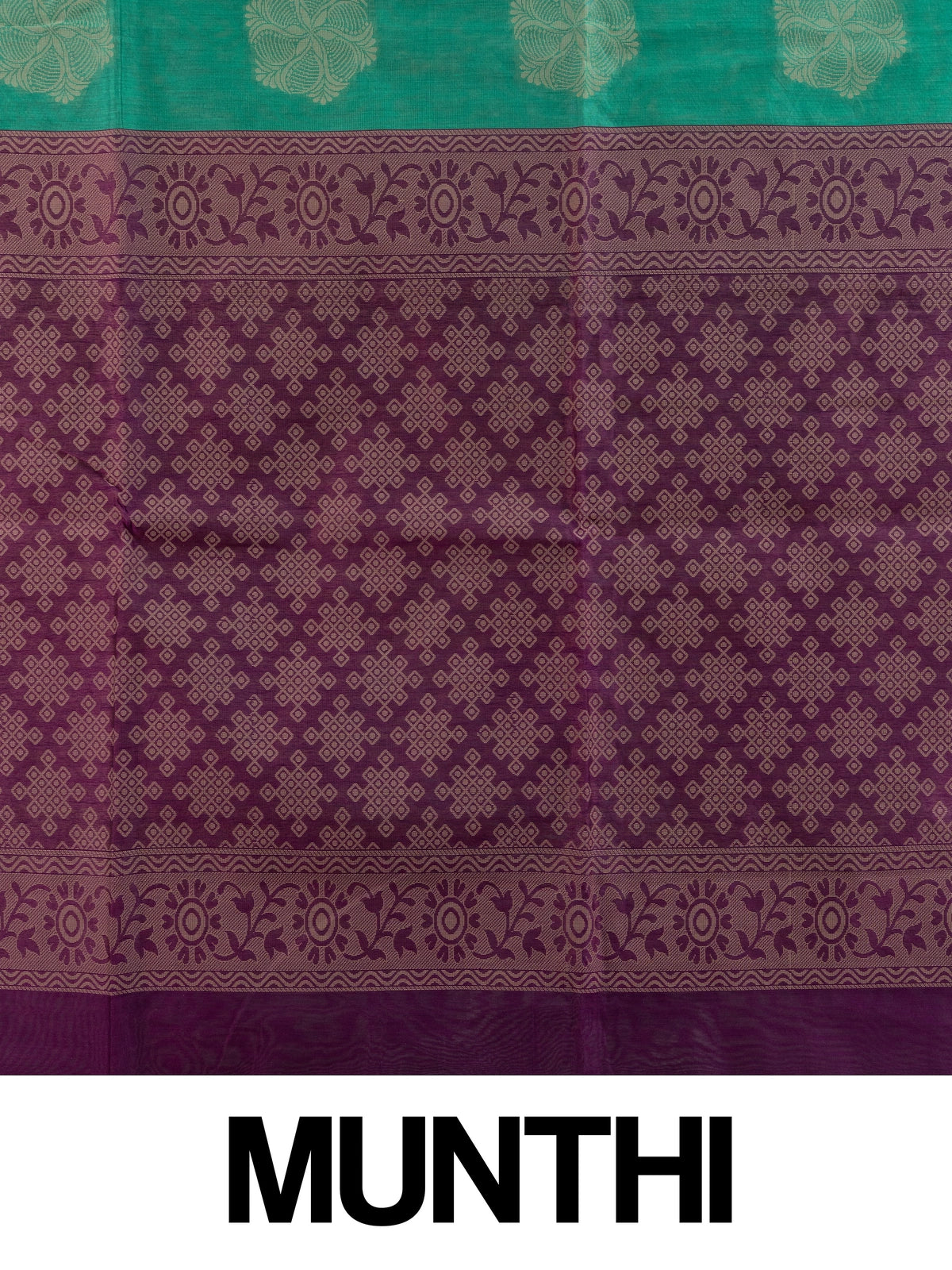 Teal green silk cotton saree with cream floral buttas and contrast purple woven border and pallu