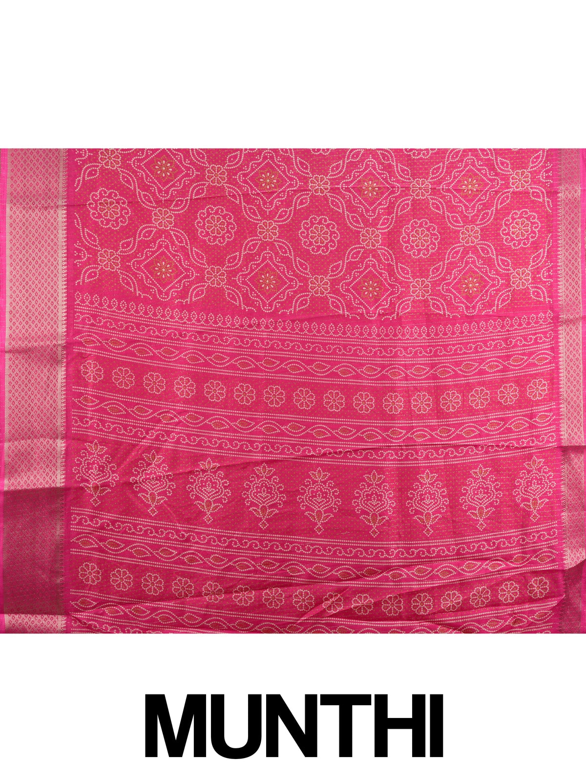 Pink Dola silk saree with cream bandhani-style print and contrast zari diamond border