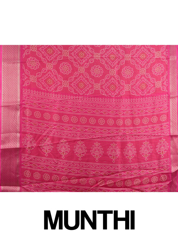 Pink Dola silk saree with cream bandhani-style print and contrast zari diamond border