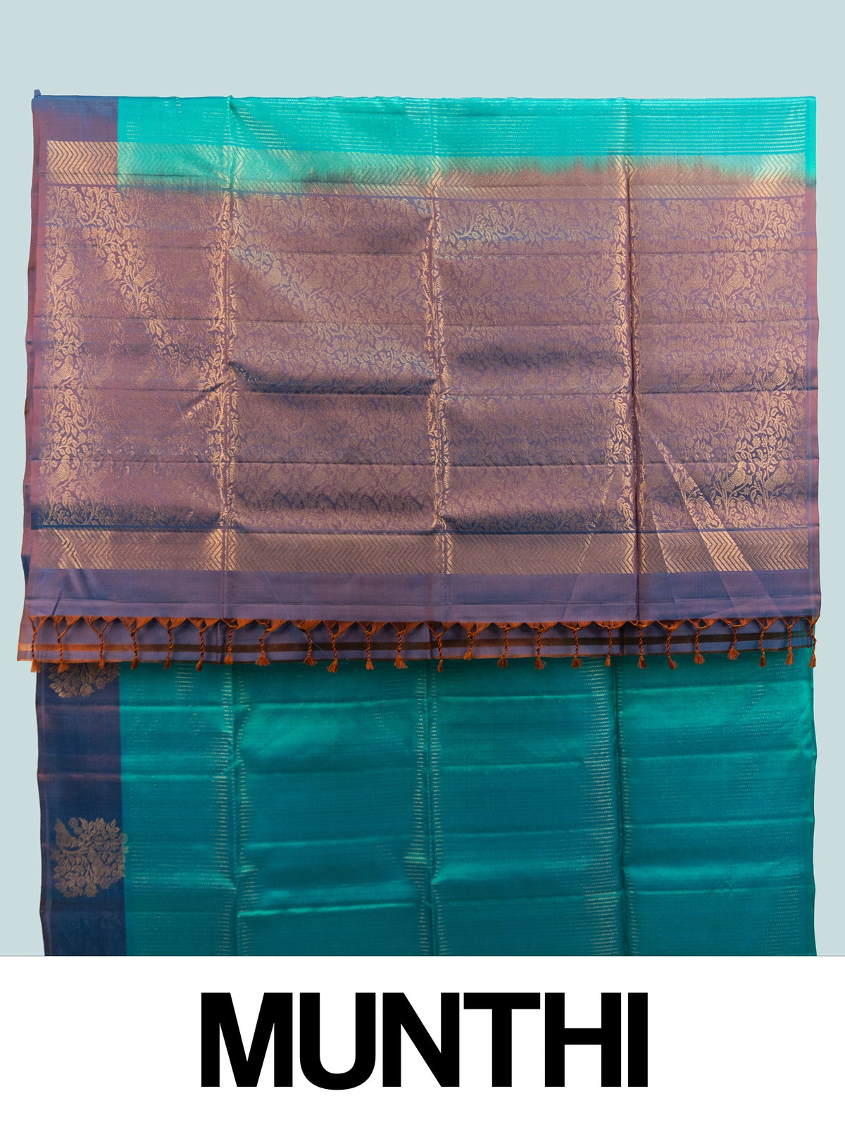 Teal green Kanchipuram Pure Mix saree with purple contrast border and gold zari brocade pallu