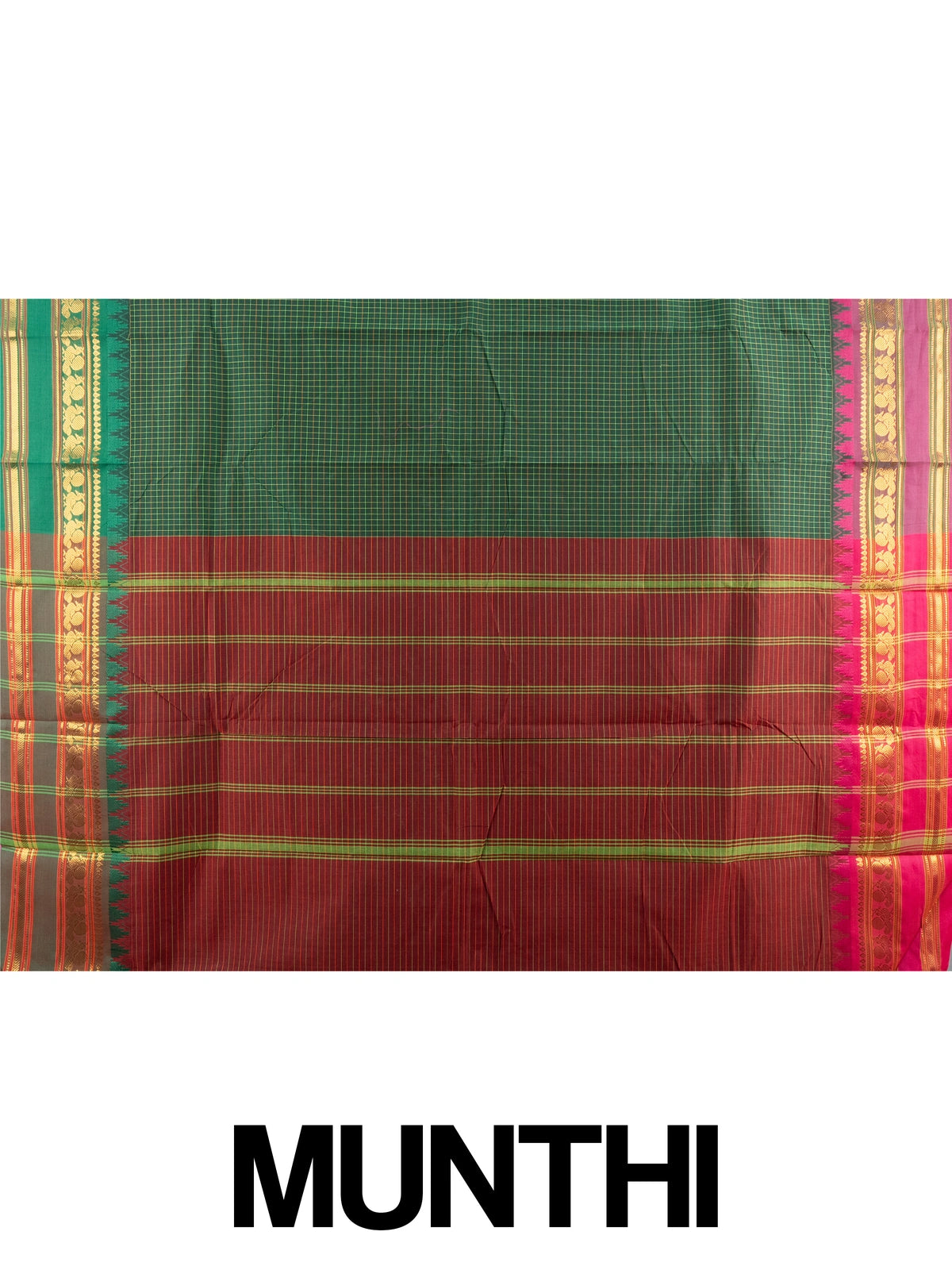 Green Chettinad cotton saree with checked body, contrast magenta gold zari border, and maroon pallu
