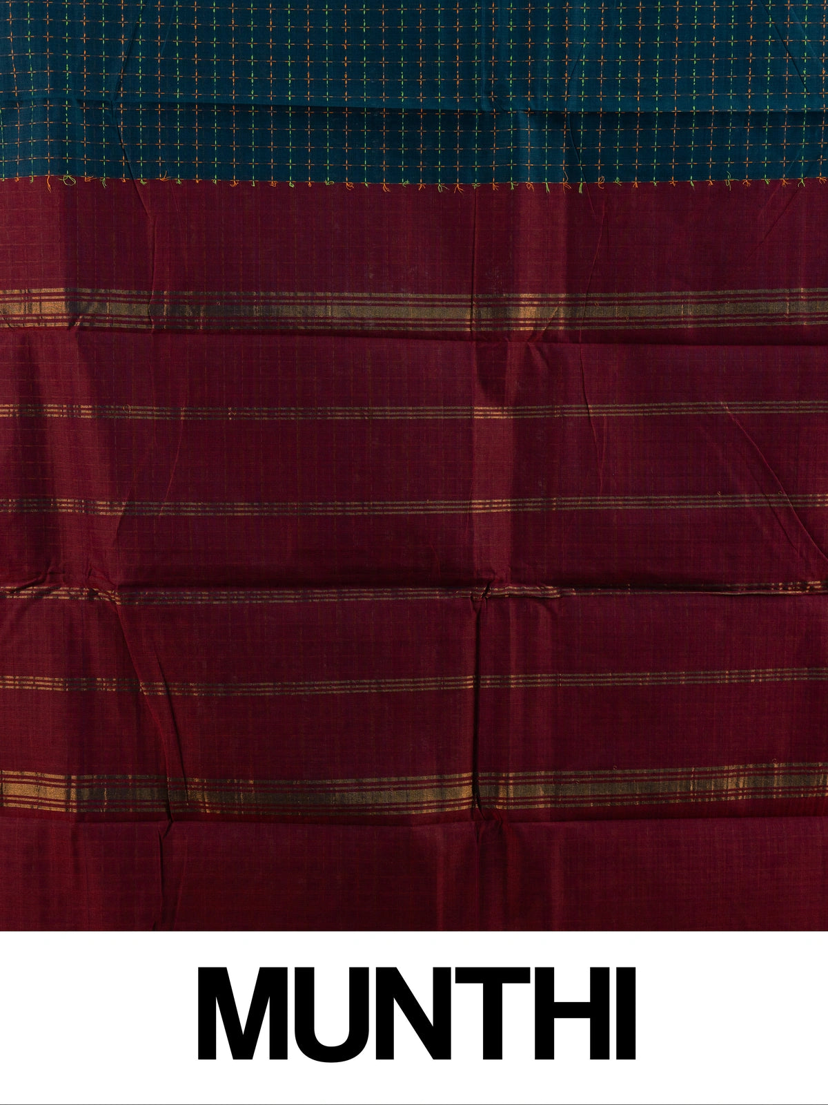 Peacock green Chettinad cotton saree with checked body, gold zari border and maroon striped pallu