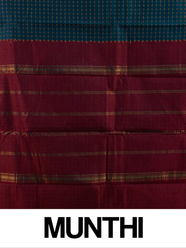 Peacock green Chettinad cotton saree with checked body, gold zari border and maroon striped pallu