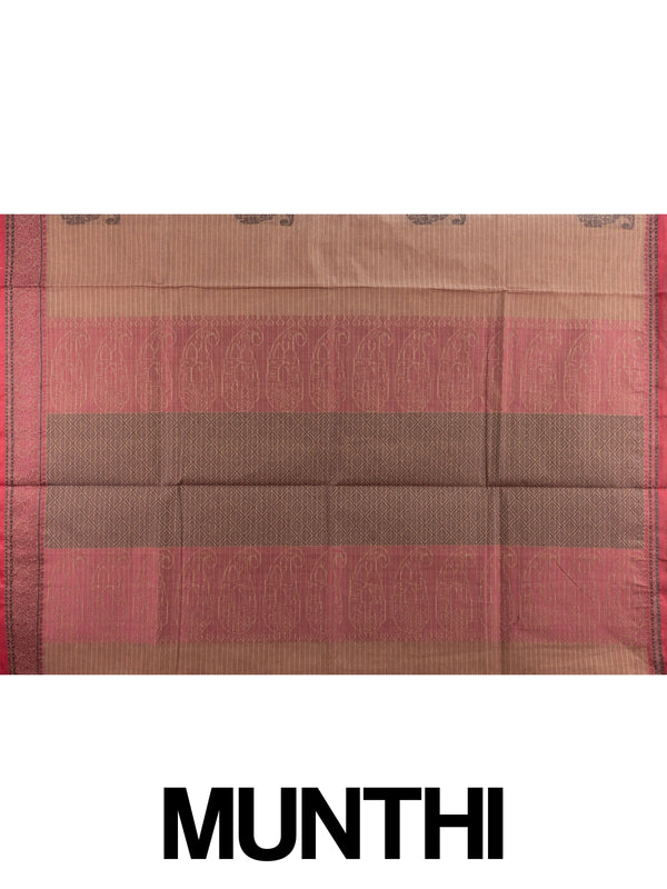 Brown and maroon semi raw silk saree with woven paisley motifs and contrast border